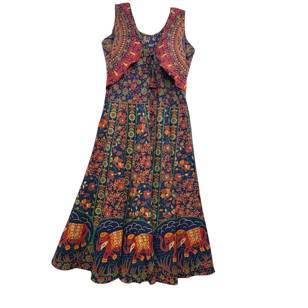 Handmade Multicolor Elephant Print Midi Dress Boho Festival Folk Art Eclectic L